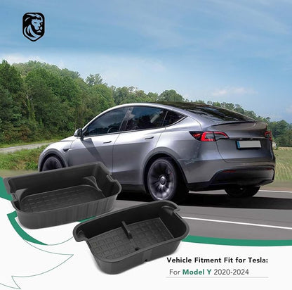 YHTAUTO Rear Trunk Organizer Compatible with Tesla Model Y 2020-2024 (For 5-Seater Only) Accessories, Waterproof Trunk Storage Bins Organizer Upper & Lower Dual Layer Rear Trunk Storage Box - Black