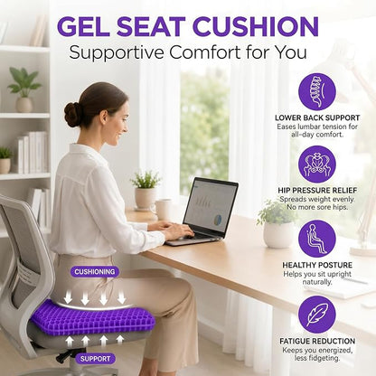 Gel Seat Cushion for Long Sitting – Double-Layer Honeycomb Cooling Chair Pad, Thick Supportive Gel Cushion with Breathable Non-Slip Cover for Office Chair Car Wheelchair & Long Sitting（Purple）