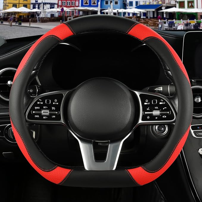 Microfiber Leather D Shaped Steering Wheel Cover, Breathable, Anti Slip, 13.5 inch to 14 inch, Black with Red