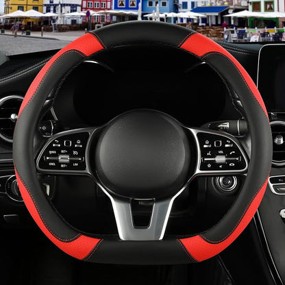 Microfiber Leather D Shaped Steering Wheel Cover, Breathable, Anti Slip, 13.5 inch to 14 inch, Black with Red