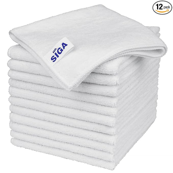 MR.SIGA Microfiber Cleaning Cloth, All-Purpose Microfiber Towels, Streak Free Cleaning Rags, Pack of 12, White, Size 32 x 32 cm(12.6 x 12.6 inch)