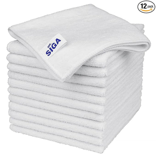 MR.SIGA Microfiber Cleaning Cloth, All-Purpose Microfiber Towels, Streak Free Cleaning Rags, Pack of 12, White, Size 32 x 32 cm(12.6 x 12.6 inch)