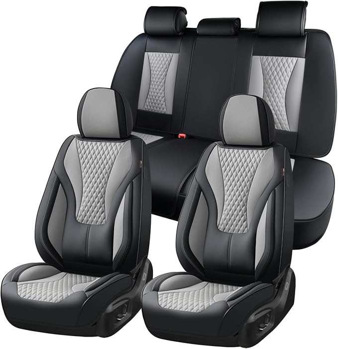 Coverado Waterproof Nappa Leather Car Seat Covers, Automotive Fullset Seat Covers, 5 Seat Car Seat Cushion & Protector, Black&Gray Front and Rear Covers Universal Fit for Most Cars, SUVs, Trucks