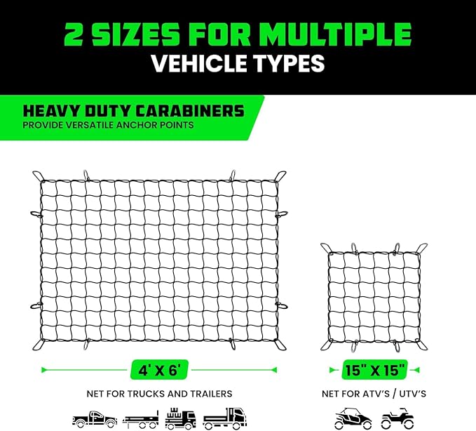Rhino USA Bungee Cargo Net Set - Ultimate Cargo Accessory Includes Carry Case, Carabiners, 4' x 6’ Net, 15" x 15" Mini-Net. For pickup truck bed, SUV, Motorcycle Rack, ATV, Small Trailer Cargo - Black