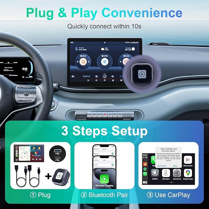 Wireless Carplay Adapter(2025 Upgrade), Plug and Play, Convert Wired to Wireless Bluetooth Carplay Adapter for iPhone - No Latency -Mini Size