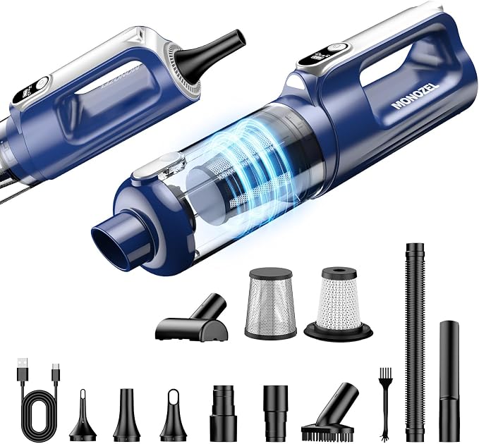 MONOZEL Car Vacuum Cleaner High Power, 18000Pa 2 in 1 Vacuum Cleaner&Air Duster, 130W Brushless Motor Handheld Vacuum Cordless with 7800mAh Battery, LED Light, Multi-Nozzles for Car, Home, Office, Pet