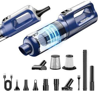MONOZEL Car Vacuum Cleaner High Power, 18000Pa 2 in 1 Vacuum Cleaner&Air Duster, 130W Brushless Motor Handheld Vacuum Cordless with 7800mAh Battery, LED Light, Multi-Nozzles for Car, Home, Office, Pet