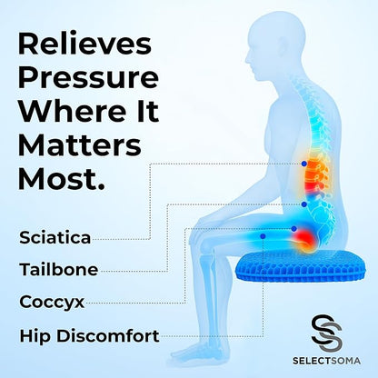 SelectSoma Super Large Gel Seat Cushion for Long Sitting - 18.5" x 17.5" - Breathable Cooling Design - Pressure Relief for Sciatica, Tailbone & Back - Office Chair, Wheelchair, Car & Truck Cushion