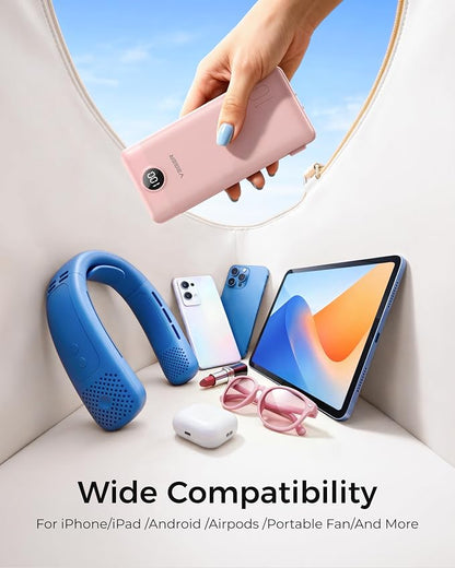 VEGER Portable Charger with Built-in AC Plug and Cables, All in One 10000mAh Ultra Slim Power Bank Travel Essentials, Fast Charging Battery Pack Compatible with iPhone, Samsung, Android, Crepe