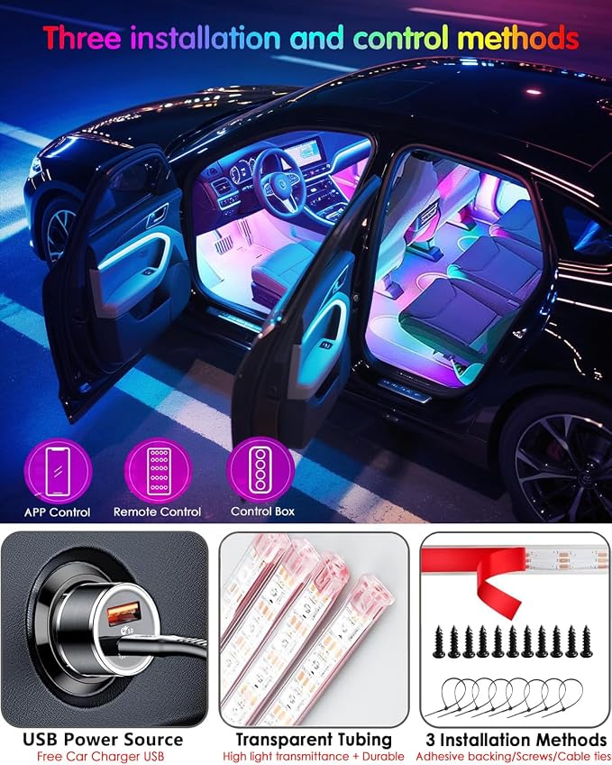 Car LED Lights Interior, Dream Color RGB-IC Interior Car Lights with App & Remote Control Music Sync Color Changing USB Under Dash LED Lights for Jeeps Trucks SUVs, DC 5V