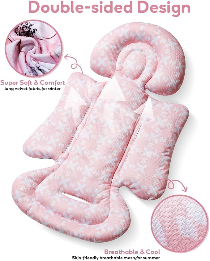 BOMOLOUR Infant Car Seat Insert, Enlarged Head Support for Baby Carseat, Reversible Newborn Insert with 3 Strap Covers, 2-in-1 Baby Car Seat Cushion for Stroller, Swing, Bouncer, Rocker - Pink Floral