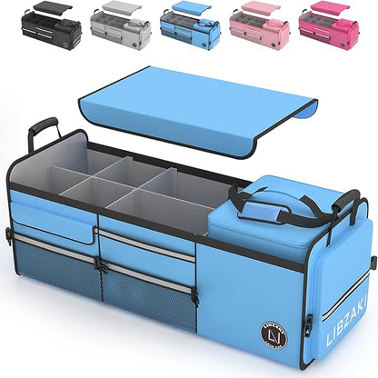 LIBZAKI Oversize 4 in 1 Car Trunk Storage Organizer, Multi Compartment Collapsible Trunk Storage Box with Cooler Bag for Car Truck SUV-Light Blue