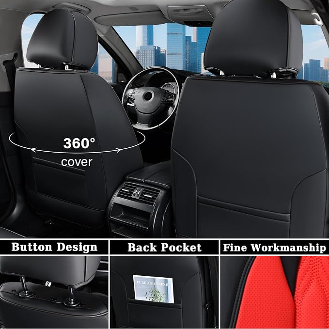Coverado Car Seat Cover Full Set, Luxury Leather Seat Covers for Front and Rear, Waterproof Seat Covers 5 Seats, Car Seat Protectors Driver Seat Cushions Universal for Most Vehicles, Red