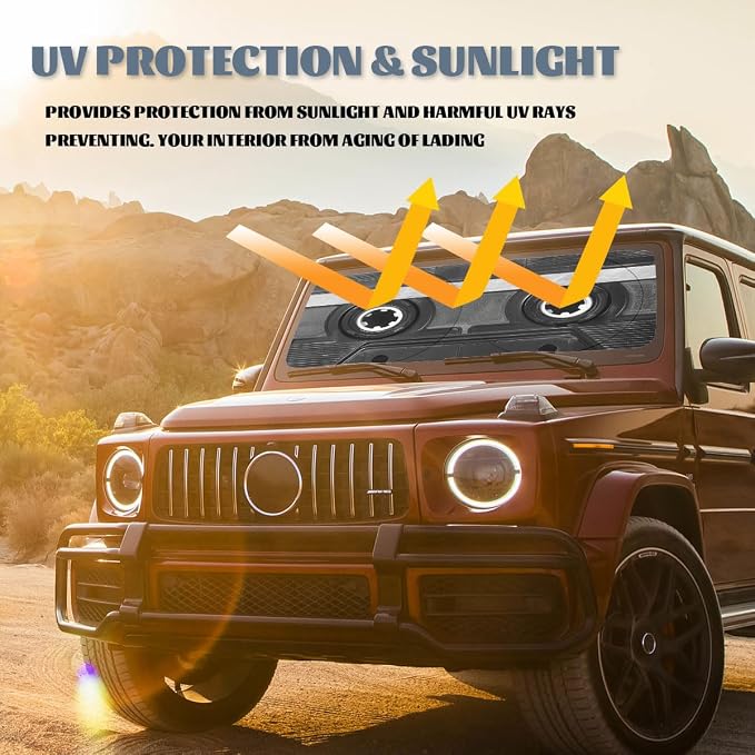 Black White Retro Car Front Window Sun Shield Cassette Music Tape Heatshield Front Window Car Sun Shade Windshield Rays Sun Shade Visor Protector for Car Sedan Truck SUV Accessories 59" L x 31.5" W