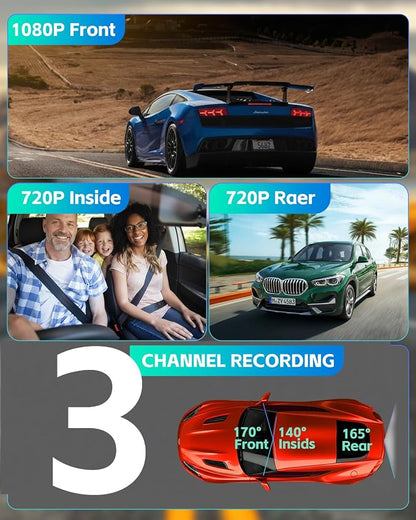 Dash Cam Front Rear and Inside, 3 Channel Dual Dash Camera for Cars W/ 64GB Card,1080P Dashcam Front with Night Vision,Loop Recording,G-Sensor,24H Park Monitor