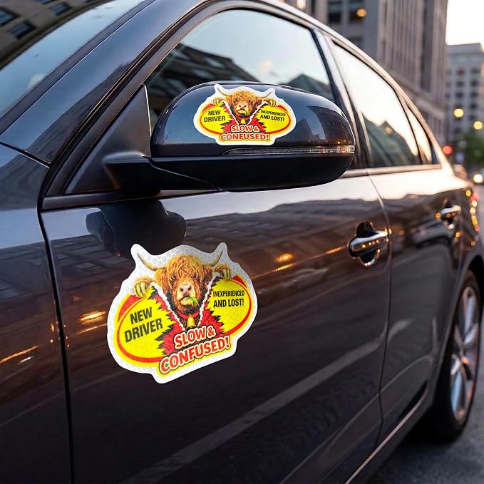 3 Pcs Reflective Student Driver Magnet and Stickers Set - Funny Animal New Driver Safety Signs for Car, Waterproof & Weatherproof High Visibility Vehicle Bumper Decals, Magnet + Stickers (Highland)