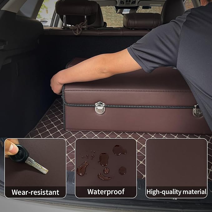 Car Trunk Organizer with Lid,Foldable Faux Leather Cargo Storage Box,3 Compartments,Collapsible Multi-Functional Organizer for SUV,Sedan and Vehicle Trunk