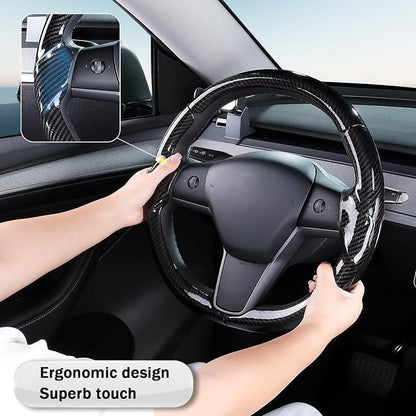 Steering Wheel Cover for 2017-2023 Tesla Model 3 2020-2024 Tesla Model Y, Carbon Fiber Steering Wheel Cover for Tesla Model 3/Y Accessories, Glossy Black