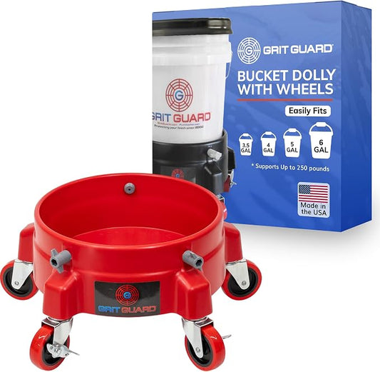 Grit Guard Bucket Dolly with Wheels - Rolling Detailing Wash Bucket with 5 Wheels and 2 Locking Casters Compatible with 2.5, 4, 5 and 6 Gallon Buckets (Red, 3" Red Casters) - Made in the USA