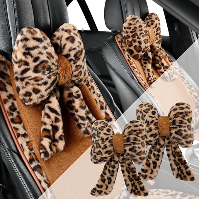 Car Neck Pillow 2PCS Plush Bowknot Car Headrest Pillow – Comfortable Neck Support for Driving Soft Touch Fabric Car Pillow Cute Interior Decor (Leopard)