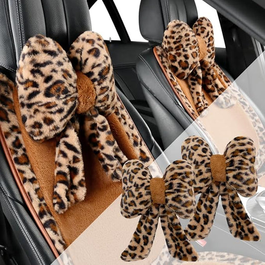 Car Neck Pillow 2PCS Plush Bowknot Car Headrest Pillow – Comfortable Neck Support for Driving Soft Touch Fabric Car Pillow Cute Interior Decor (Leopard)