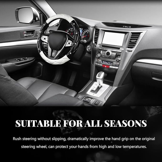 Bling Car Steering Wheel Cover, 15 Inch Diamond Leather Anti-Slip Auto Steering Wheel Protector, Cute Sparkly Rhinestones Wheels Cover Automotive Decoration for Women Girl (Black & White)