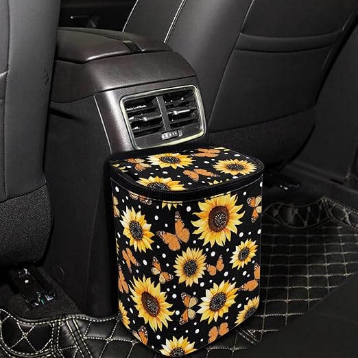 BIGCARJOB Sunflower Car Trash Bin Car Trash Can Bags Butterflies Print Hanging Accessories Trash Can Storage Bag for Women Girly Cute Car Trash Can with Lid Collapsible