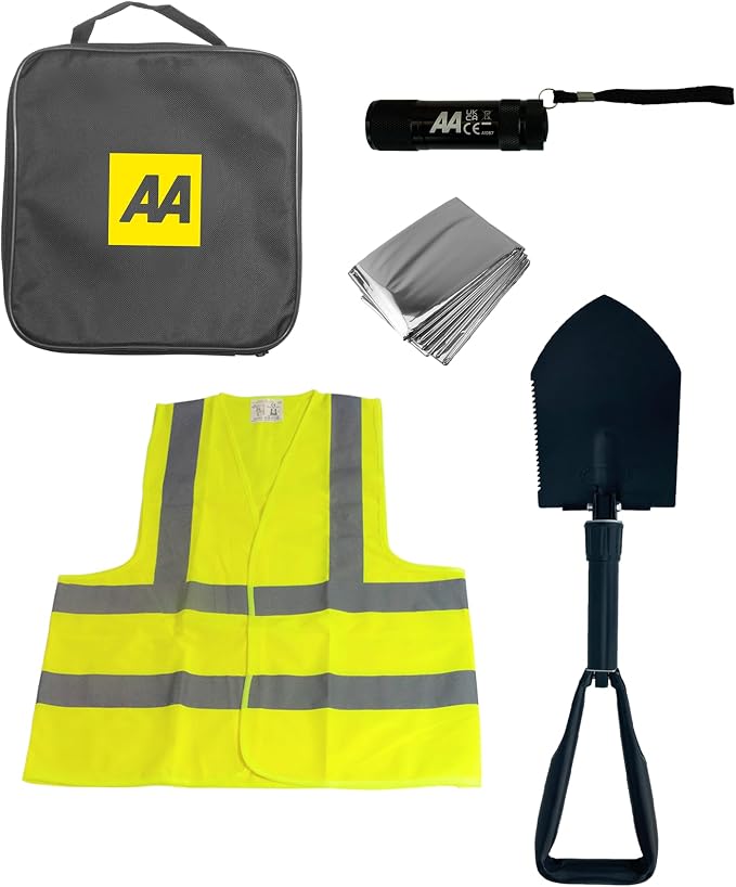 AA Winter Car Kit AA3386 - Folding Snow Shovel, LED/COB Torch, Foil Blanket, Hi-Vis Vest - Zipped Storage Bag – Suitable for Any Vehicle or Home, Black
