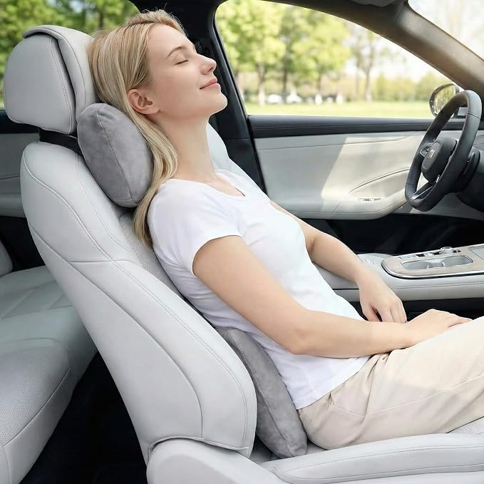 2PCS Car Pillow for Car Neck Pillow for Driving Seat Neck Support Soft Cushion Back Support Head-Rests for Vehicle Sleeping with Elastic Adjustment Strap (Grey, Head and Lumbar)