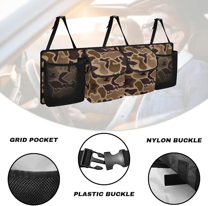 Duck Camo Hanging Car Organizer 4 Pockets Trunk Storage Organizer with Adjustable Straps Large Capacity Backseat Hanging Storage Bag Universal Fit for Cars SUV Sedans