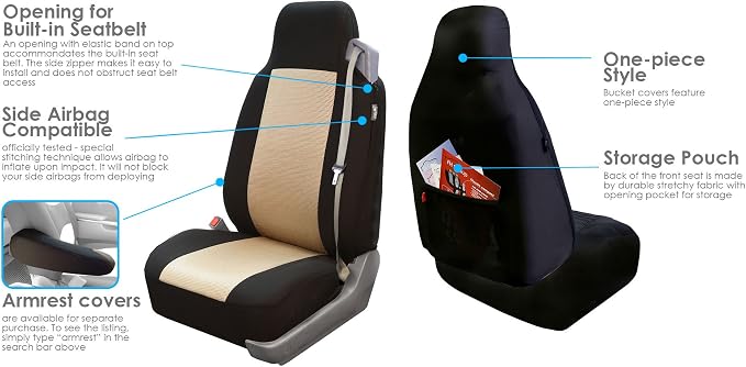FH Group FH-FB302114 All Purpose Flat Cloth Car Seat Covers Beige/Black Color with F11306 Vinyl Floor Mats, Beige/Black Color - Fit Most Car, Truck, SUV, or Van
