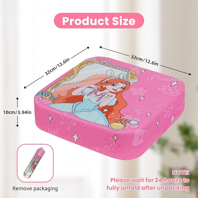 Toddler Booster Seat for Dining Table, 4" Kids Booster Seat for Kitchen Chair with Non-Slip Bottom, Portable Detachable Washable Increasing Cushion with 2 Adjustable Straps (Princess)