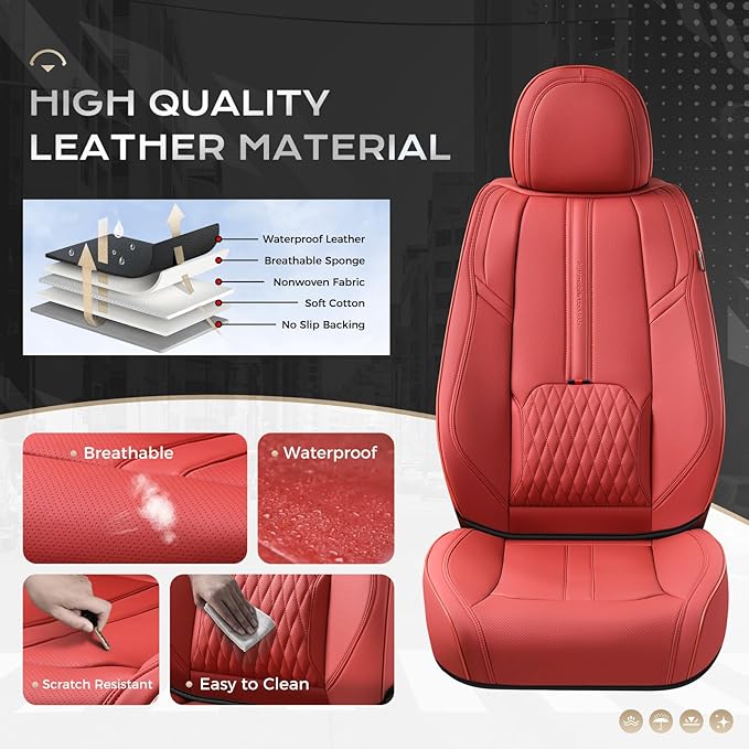 Coverado Car Seat Covers, Front Seat Covers for Cars, 2 Pack Waterproof Seat Cover with Lumbar Support, Leather Car Seat Protector, Breathable Seat Covers Car Seat Cushions Fit for Most Cars (Red)