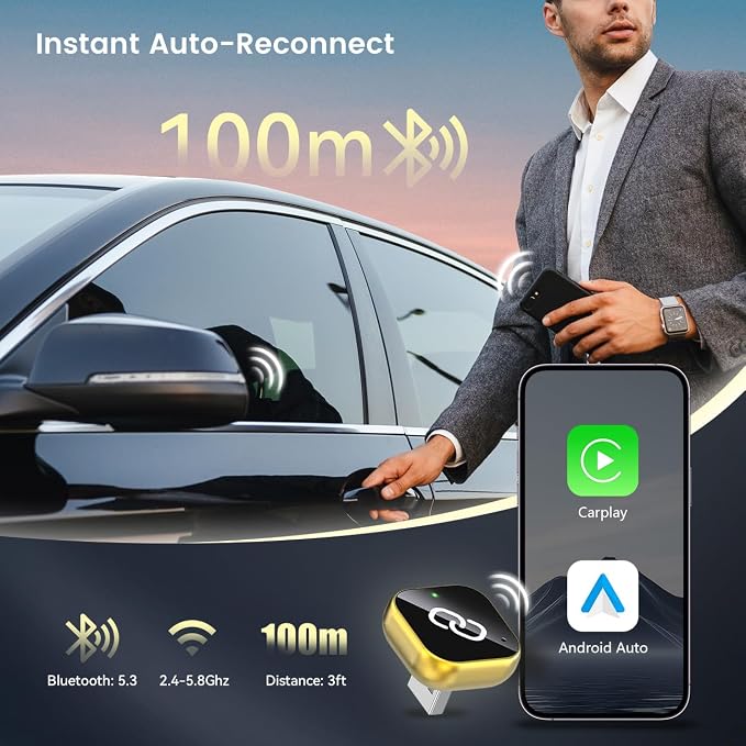 Wireless CarPlay Adapter, 2025 Wireless CarPlay Adapter for iPhone, in Car Accessories, USB and USB C, for IOS10 or Above, for Car Models from 2016 Onwards (Gold)