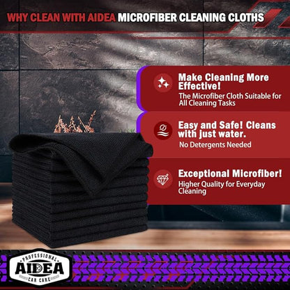 AIDEA Microfiber Cleaning Cloth Black, 800PK, Microfiber Towels for Cars, Shop Towels Cleaning Rags, Premium Wash Cloths, Absorbent Towel for SUVs, House, Kitchen, Commercial, Cleaning Supplies 12×12"