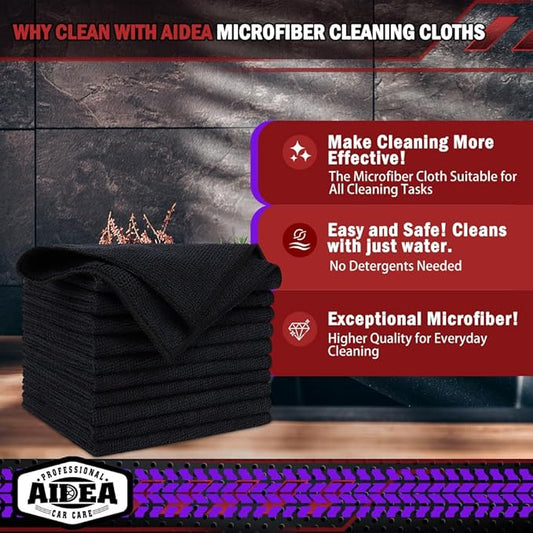 AIDEA Microfiber Cleaning Cloth Black, 400PK, Microfiber Towels for Cars, Shop Towels Cleaning Rags, Premium Wash Cloths, Absorbent Towel for SUVs, House, Kitchen, Commercial, Cleaning Supplies 12×12"