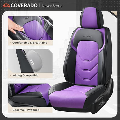 Coverado Car Seat Covers Full Set, Luxury Leather Seat Covers for Front and Back Seat, Black&Purple Seat Cover for Car, Waterproof Car Seat Protector, Car Seat Cushion Universal Fit for Most Cars