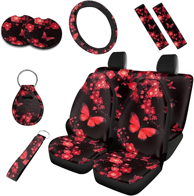 Red Butterfly 10 Pcs Car Seat Covers, Cherry Blossom Breathable Front Rear Seat Cover Cherry Flower Butterfly Steering Wheel Protector for Car Truck SUV, Universal Fit
