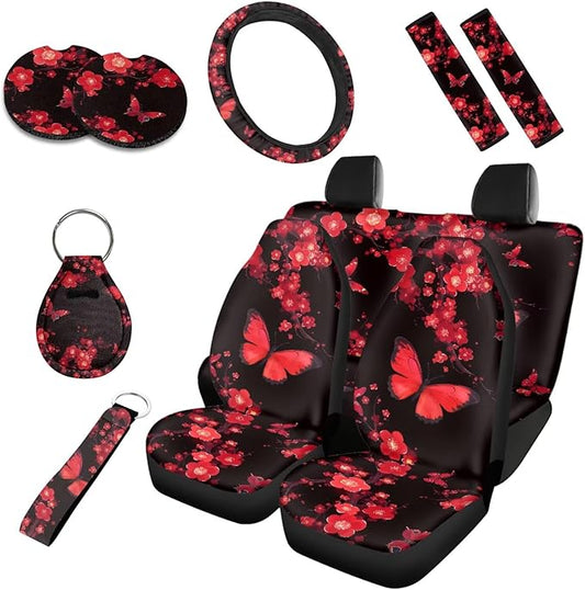 Red Butterfly 10 Pcs Car Seat Covers, Cherry Blossom Breathable Front Rear Seat Cover Cherry Flower Butterfly Steering Wheel Protector for Car Truck SUV, Universal Fit