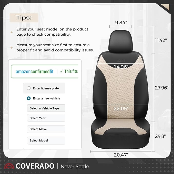 Coverado Car Seat Covers Full Set, Leather Seat Covers for Cars, Waterproof Car Seat Protectors, Front and Back Seat Covers Car Seat Cushions Universal Fit for Most Sedans, SUV, Trucks, Black & Beige