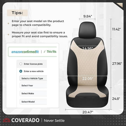 Coverado Front Seat Covers, 2 Seats Universal Seat Covers for Cars, Leather & Fabric Splicing Design Car Seat Protectors, Waterproof Car Seat Cushions Universal Fit for Vehicles, Black & Beige