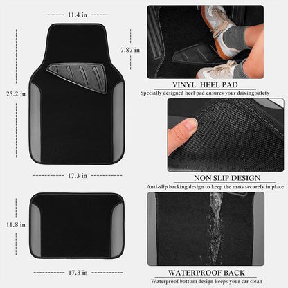 CAR PASS Faux Leather Steering Wheel Cover and Waterproof Car Floor Mats,Universal Car Combo Fit for 95% Sedan,SUV,Cars,14.5-15inch Sporty Anti-Slip Safety Comfortable Design(Black＆Gray)