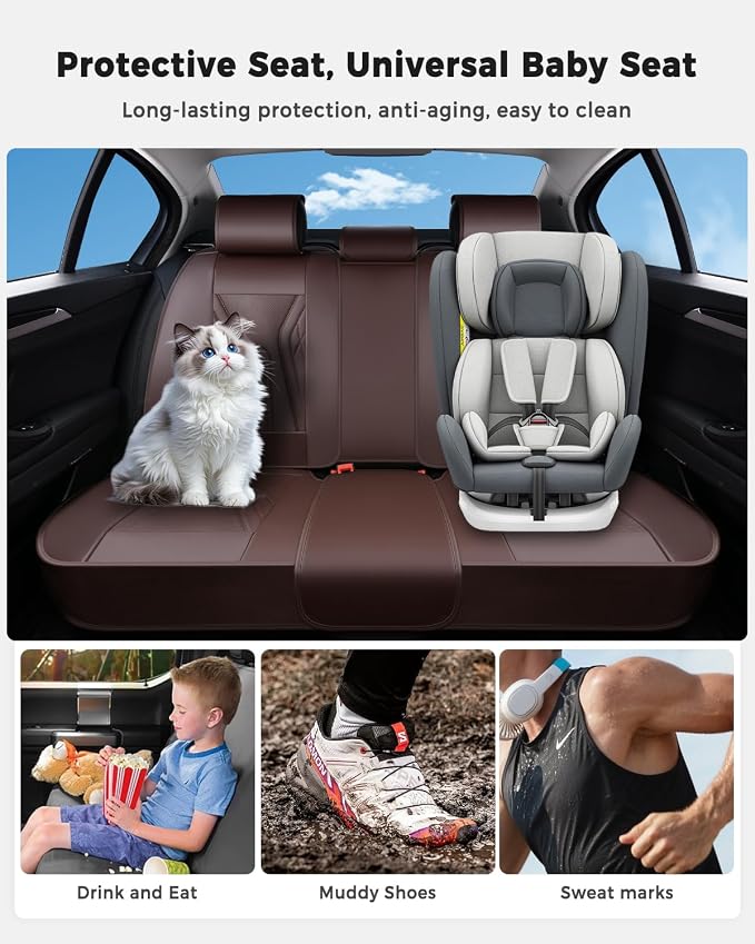 Huidasource Rear Seat Covers, Waterproof Faux Leather Rear Bench Seat Covers, Universal Fit Back Seat Cover for Most Cars Sedans SUVs Pickups Trucks, Coffee