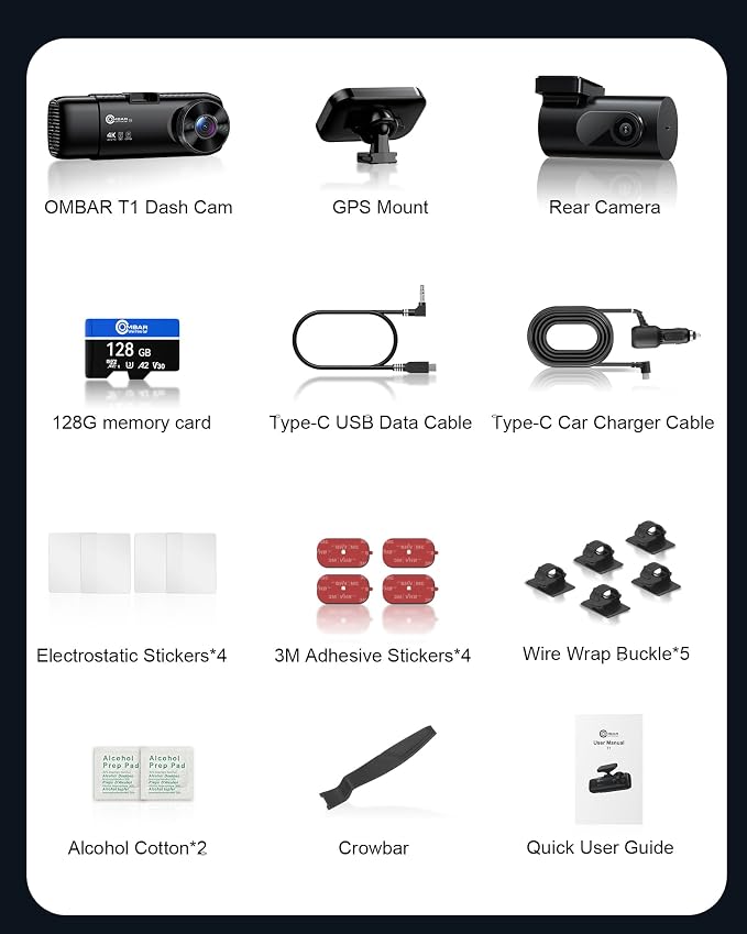 OMBAR T1 4K 3 Channel Dash Cam, STARVIS 2 IMX678 Sensors, Free 128GB Card, 2025 New Full Color HDR Night Vision, 4K+1080P+1080P Triple Car Camera,5G WiFi, 24H Parking Mode, Support 512GB Max