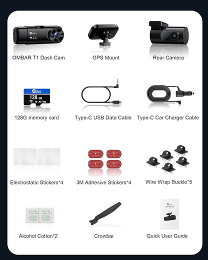 OMBAR T1 4K 3 Channel Dash Cam, STARVIS 2 IMX678 Sensors, Free 128GB Card, 2025 New Full Color HDR Night Vision, 4K+1080P+1080P Triple Car Camera,5G WiFi, 24H Parking Mode, Support 512GB Max