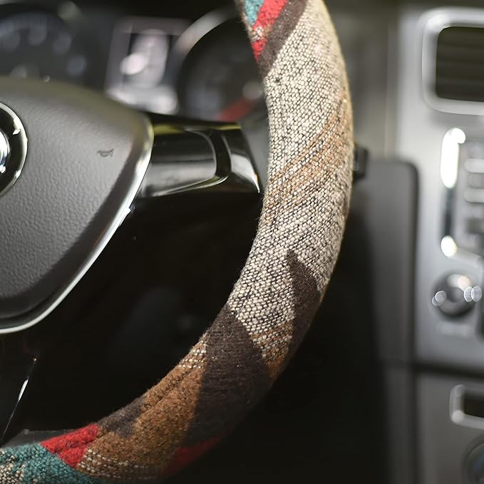 Universal 15inch Ethnic Style Baja Blanket Steering Wheel Cover with Coarse Flax Cloth and Sweat Absorption Anti Slip Car Wrap (Boho Brown)