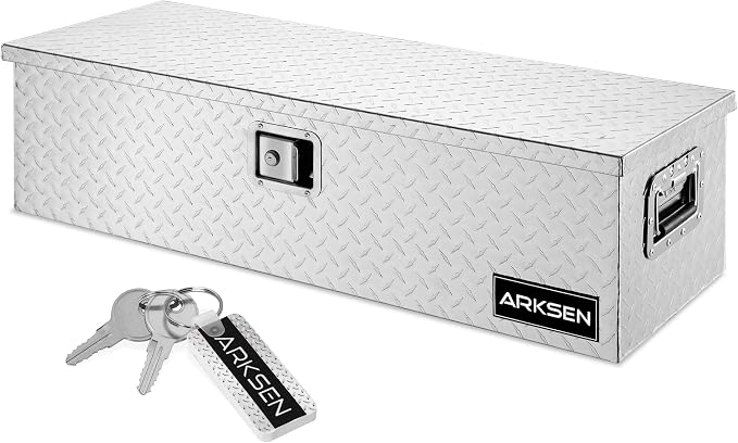 ARKSEN 39 x 13 x 10 Inch Diamond Plate Truck Bed Tool Box, Heavy Duty Waterproof Aluminum Toolboxes Storage Chest with Side Handle & Lock for Pickup Truck Bed, RV & Trailer – Silver