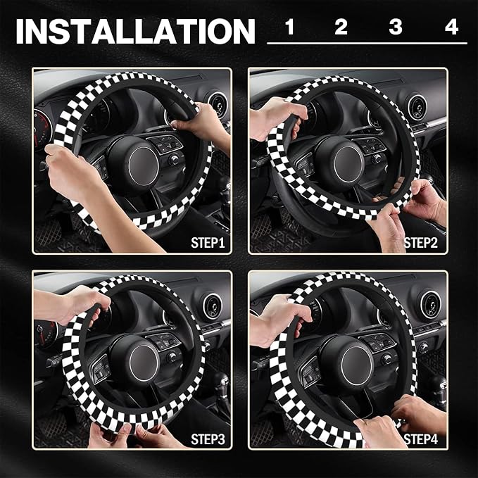 Checkerboard Steering Wheel Cover, Black and White Anti-Slip Universal Car Steering Wheel Cover, Checkerboard Race Soft Breathable Neoprene 15 Inch Car Accessories Case fit for Cars Auto SUVs