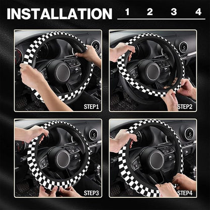 Checkerboard Steering Wheel Cover, Black and White Anti-Slip Universal Car Steering Wheel Cover, Checkerboard Race Soft Breathable Neoprene 15 Inch Car Accessories Case fit for Cars Auto SUVs
