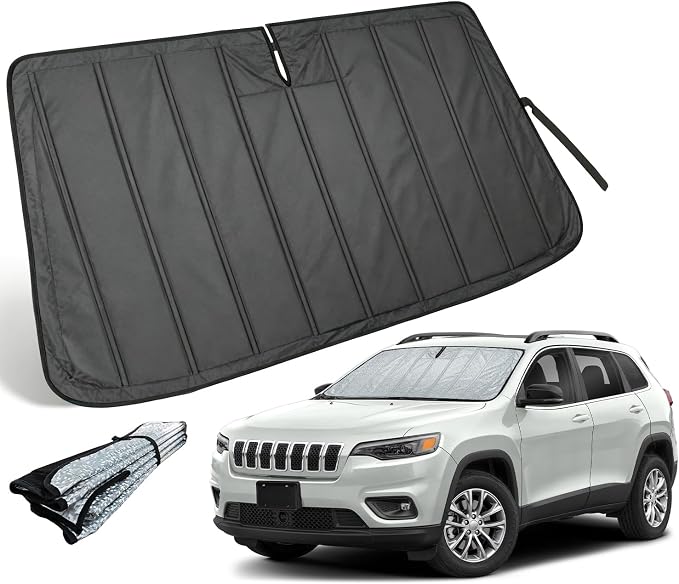 Thickened Windshield Sun Shade for Jeep Cherokee SUV 2014-2023 | Accordion Front Window Sunshade Aluminum Reflective UV Protection Shield, Foldable Sun Visor with Storage Bag Car Accessories